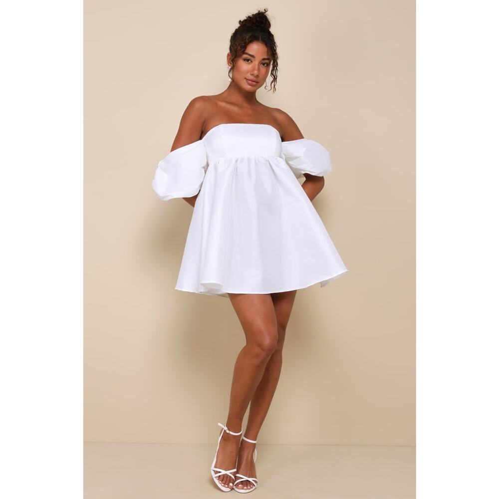 NWT Lulus Sweet Vision White Taffeta Off-the-Shoulder Babydoll Mini Dress Size L